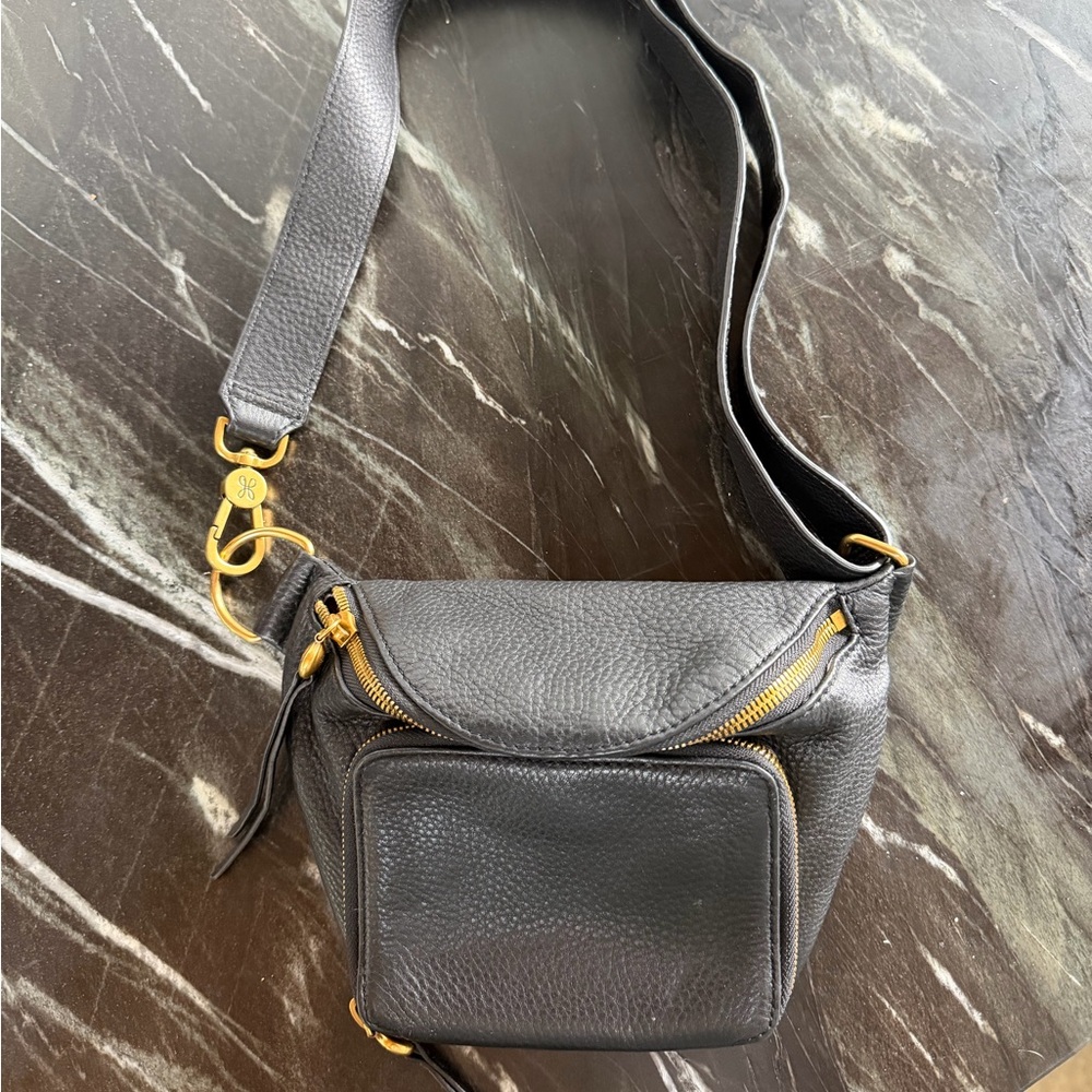 Black Leather Crossbody Bag with Gold Hardware